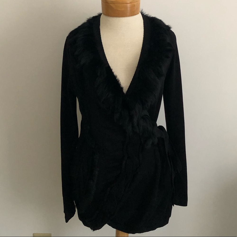 Cardigan Jacket Wraparound Tie Natural 
Fur Trim